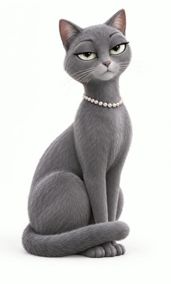 Pearl, a gray cat with half-closed eyes and a pearl necklace
